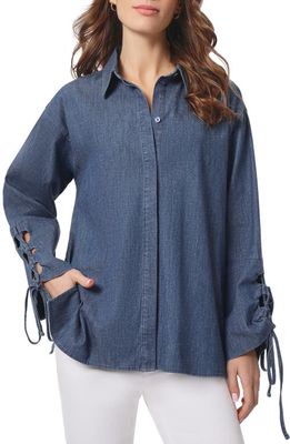 Jones New York Lace-Up Cuff Stretch Chambray Button-Up Shirt in Dark Wash