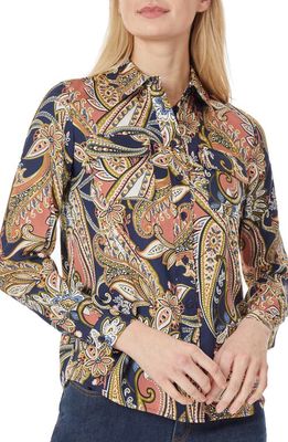 Jones New York Paisley Slim Fit Satin Twill Blouse in Collection Navy Combo
