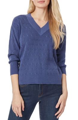 Jones New York Textured Stitch Cotton Sweater in Mineral Blue/Collection Navy