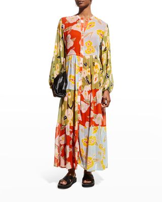 Josefina Floral Patchwork Button-Front Maxi Dress