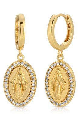 Joy Dravecky Saint Mary Drop Huggie Hoop Earrings in Gold