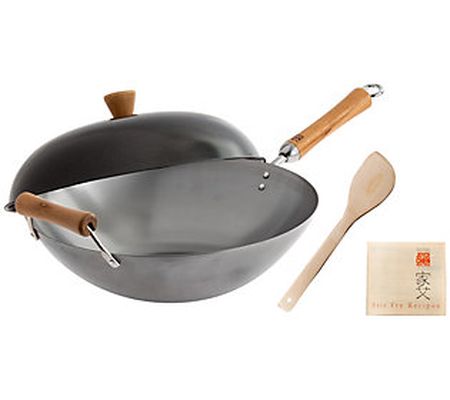 Joyce Chen Uncoated Carbon Steel Wok Set with L id