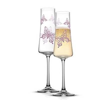 JoyJolt Set of 2 Meadow Butterfly Crystal Champ agne Flutes