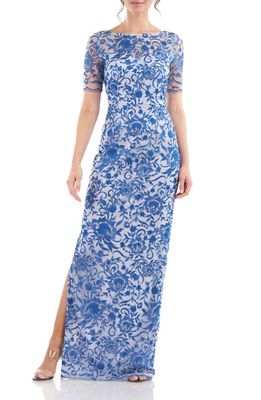JS Collections Alexis Embroidered Organza Gown in Steel Blue