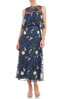 JS Collections Amira Floral Lace Overlay Ruffle Trim Maxi Dress in Navy Multi