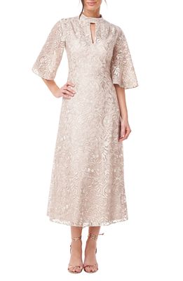 JS Collections Angela Floral Embroidery Midi Dress in Champagne