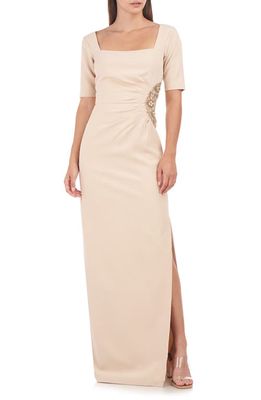 JS Collections Ashley Bead Detail Column Gown in Champagne