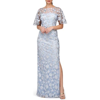 JS Collections Brooke Floral Embroidered Column Gown in Silver/Azure 