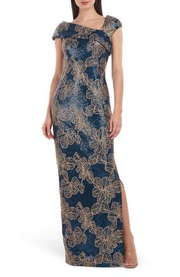 JS Collections Brooklyn Floral Beaded Column Gown in Teal/Gold