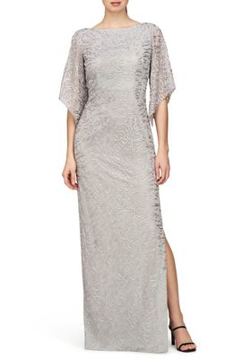 JS Collections Camile Flutter Sleeve Column Gown in Silver Mist 