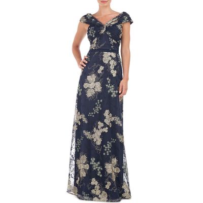 JS Collections Camilla Twist Floral Embroidered A-Line Gown in Navy/Jade 