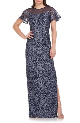 JS Collections Celestina Embroidered Column Gown in Navy/Nickel