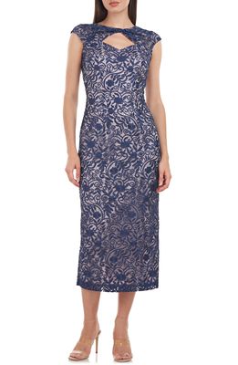 JS Collections Daniela Bow Lace Cocktail Dress in Navy/Blush
