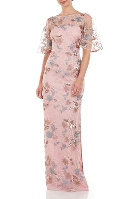 JS Collections Daphne Embroidered Sequin Column Gown in Blush Multi