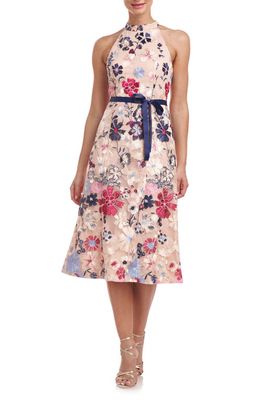 JS Collections Eleanor Embroidered Floral Cocktail Midi Dress in Rose Gold Multi 