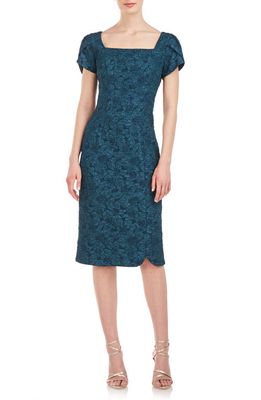 JS Collections Floral Jacquard Sheath Dress in Midnight Forest