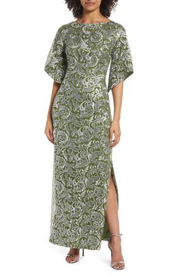 JS Collections Frida Floral Tapestry Column Gown in Citrine/Light Blue