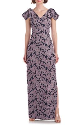 JS Collections Gwendolyn Embroidered Bow Shoulder Column Gown in Navy/Mauve Plum