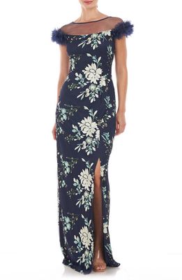 JS Collections Hally Floral Sequin Illusion Yoke Gown in Navy/Pistachio