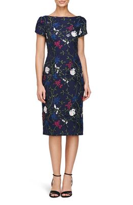 JS Collections Harmony Floral Embroidered Sheath Dress in Navy 