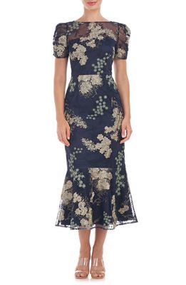 JS Collections Hope Floral Embroidered Flounce Hem Dress in Navy/Jade