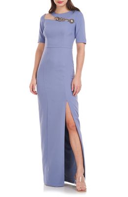 JS Collections Ivy Beaded Column Gown in Blue Slate