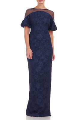 JS Collections Janessa Floral Mesh Column Gown in Navy