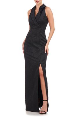 JS Collections Jasmine Jacquard Sleeveless Tuxedo Gown in Black