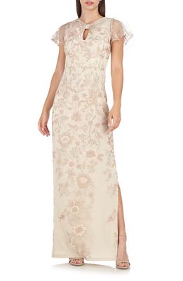 JS Collections Jorden Bow Embroidered Column Gown in Champagne
