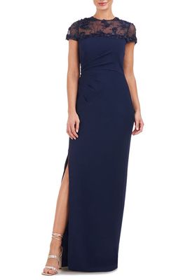 JS Collections Laney Rosette Embroidered Mesh Yoke Sheath Gown in Navy