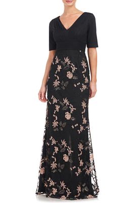 JS Collections Lennon Sequin & Embroidery Gown in Black/Soft Blush