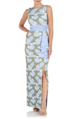 JS Collections Lillian Floral Ruffle Column Gown in Hydrangea/Fern