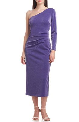 JS Collections Maddie Metallic One-Shoulder Single Long Sleeve Cocktail Midi Dress in Blueberry
