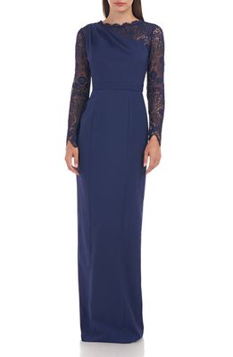 JS Collections Maria Lace Scallop Long Sleeve Column Gown in Navy