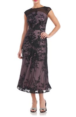 JS Collections Melissa Floral Embroidered Tulle Midi Dress in Black/Soft Lavender