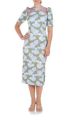 JS Collections Natalie Floral Tea Length Sheath Dress in Hydrangea/Fern