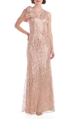 JS Collections Oversized Bow Sequin Gown in Rose Gold