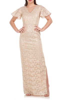 JS Collections Paloma Floral Beaded Column Gown in Golden Taupe