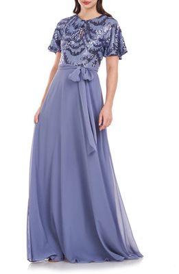 JS Collections Petra Sequin Flutter Sleeve Chiffon Gown in Blue Slate