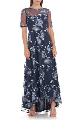 JS Collections Presley Floral Embroidered High-Low Gown in Navy/Light Aqua