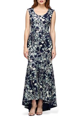 JS Collections Rosaline Floral Embroidered High-Low Gown in Navy/Sage 