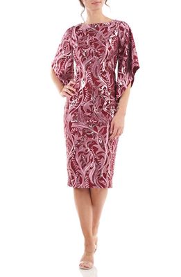 JS Collections Ruby Metallic Floral Cocktail Dress in Wine/Rouge