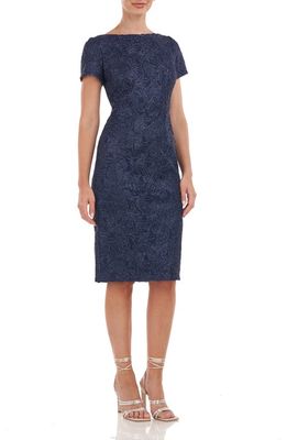 JS Collections Scarlet Beaded Leaf Print Cocktail Dress in Navy
