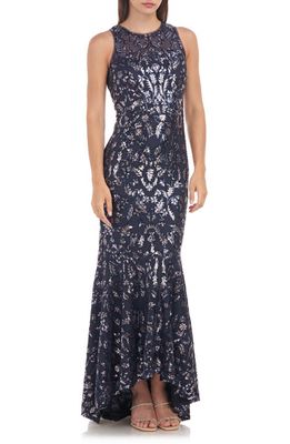 JS Collections Sloane Floral Sequin High-Low Gown in Navy/Blush