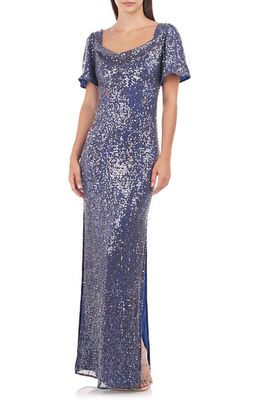 JS Collections Stephanie Sequin Cowl Neck Gown in Navy