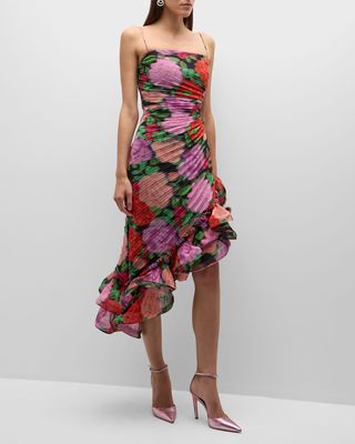 Jude Pleated Floral-Print Ruffle Midi Dress