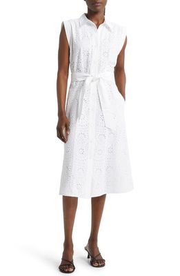 Judith & Charles Jude Belted Sleeveless Eyelet Embroidered Cotton Shirtdress in White