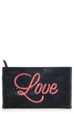 JUDITH LEIBER COUTURE Love Crystal Embellished Zip Clutch in Silver Jet Multi