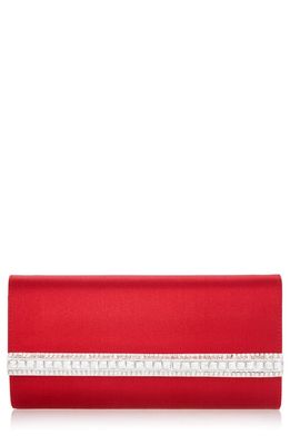 JUDITH LEIBER COUTURE Perry Crystal Bar Satin Clutch in Silver Crimson