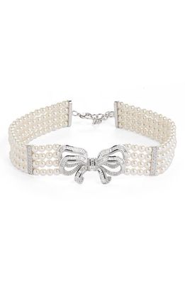 Judith Leiber Pavé Bow Pearl Choker Necklace in Silver/White